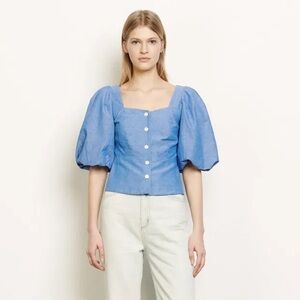 Sandro Paris Mayan Puffed Sleeve Linen Shirred Top in Blue Cotton